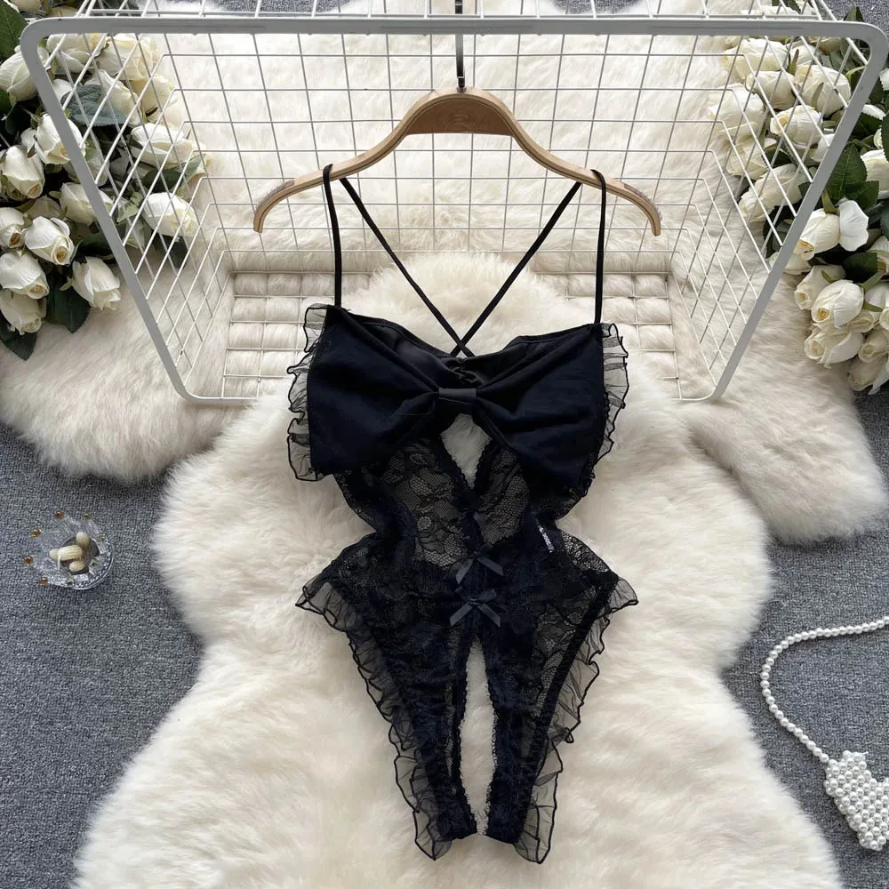 Underwear Sexy Camis Bodysuits Women Bow Hollow Out Fashion Open crotch Slim Playsuit Summer Singeric Lace Rompers Backless New