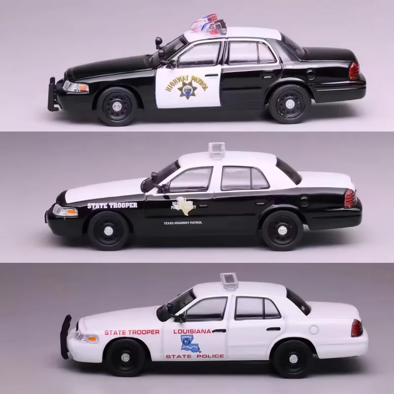 596 en stock 1:64 coche de policía Victoria, California, Texas, modelo de coche fundido a presión de aleación Louisiana, adornos para adultos, juguetes para niños