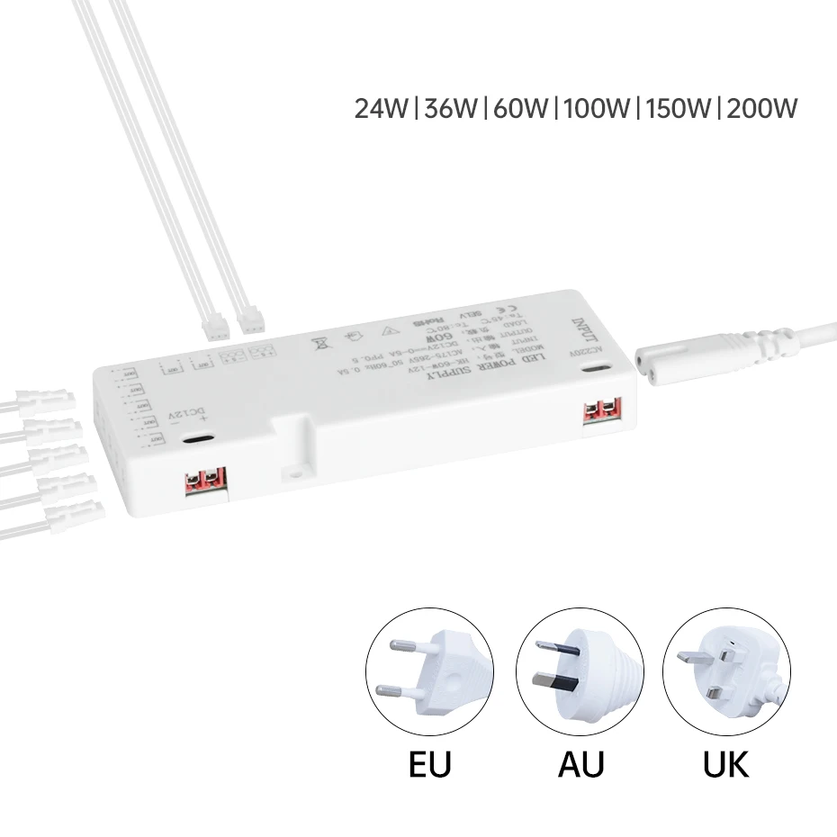 

Dupont Port Led Power Transformer 12V/24V EU AU UK Plug 24W/36W/60W/100W/150W/200W Power Adapter For Led Cabinet Light Strip