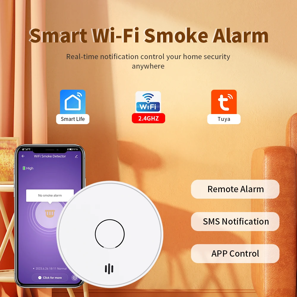 Tuya Smart Smoke Detector with 10 Years Battery, WiFi Fire Alarm with Tuya App, Conforms to EN14604, VS02W, 3-PACK