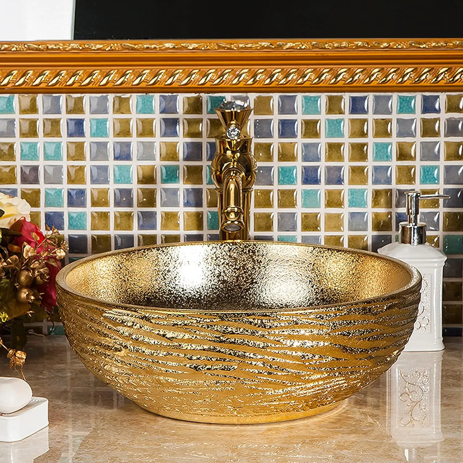 Gold Bathroom Vessel Sink Luxury Golden Round Bowl And Hand Carved Ceramic Countertop Wash Basin From Jingdezhen Porcelain