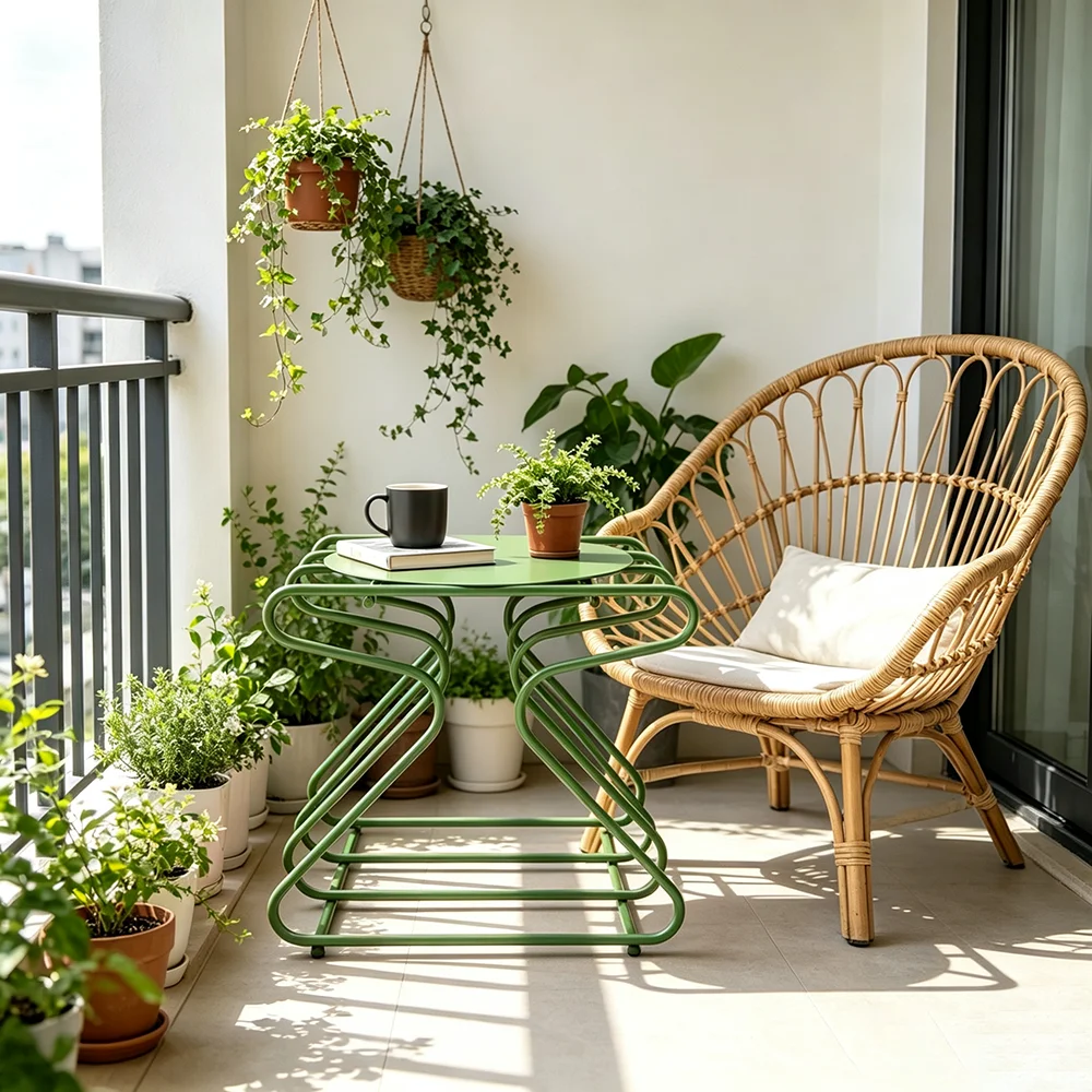 

Modern Green Metal Z-Frame Outdoor Side Table, Small Patio Coffee Table, Balcony Garden Accent Table