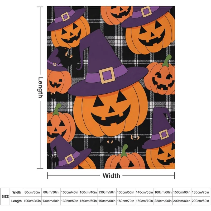 Halloween blanket, haunted witch toss blanket, checkered pattern witch hat, playful pumpkin lantern, lightweight blanket, travel