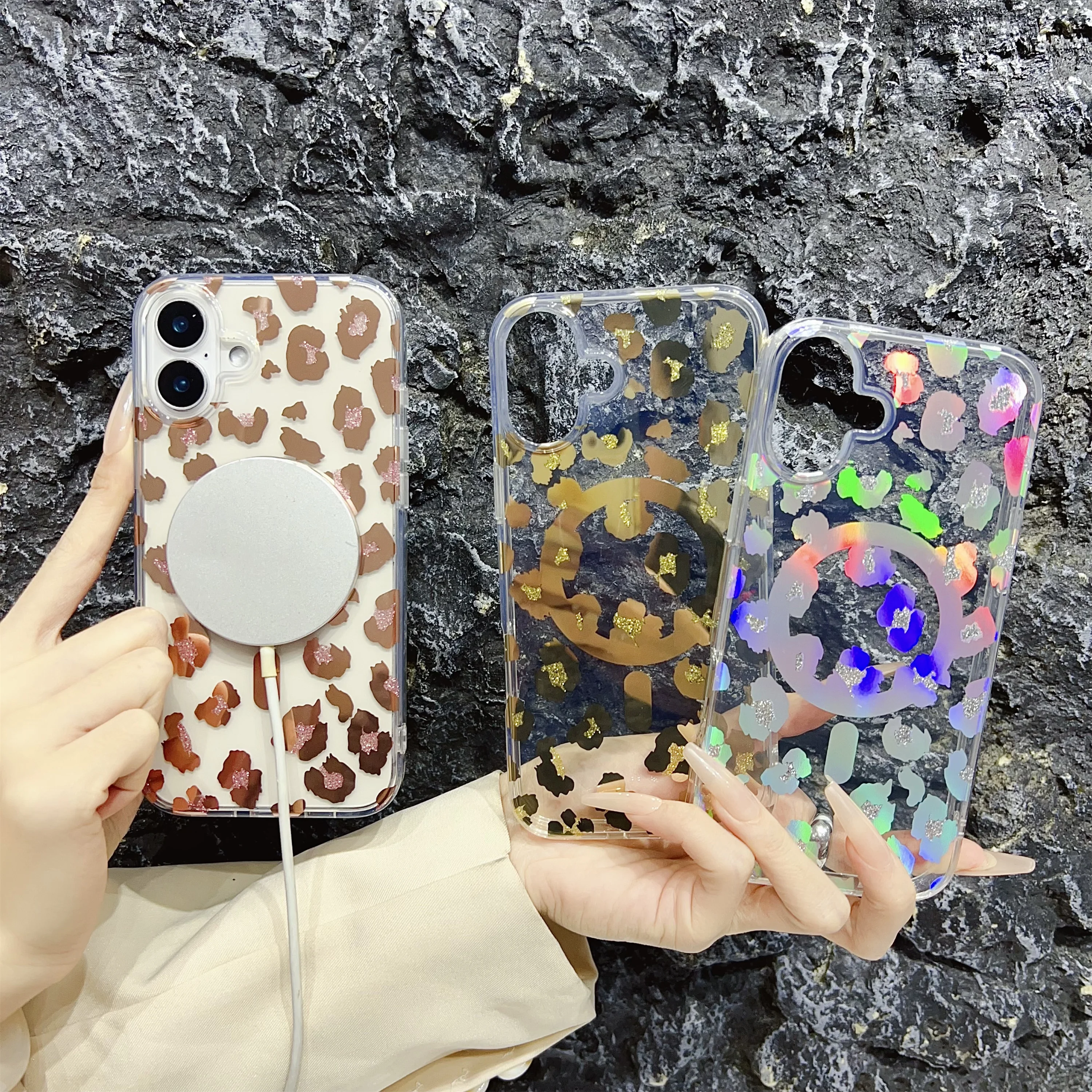 

Lovely Gradient Glossy Leopard Pattern Magnetic Wireless Cover for iPhone 15 16 Pro Max 14 MagSafe Transparent PC Thin Back Case