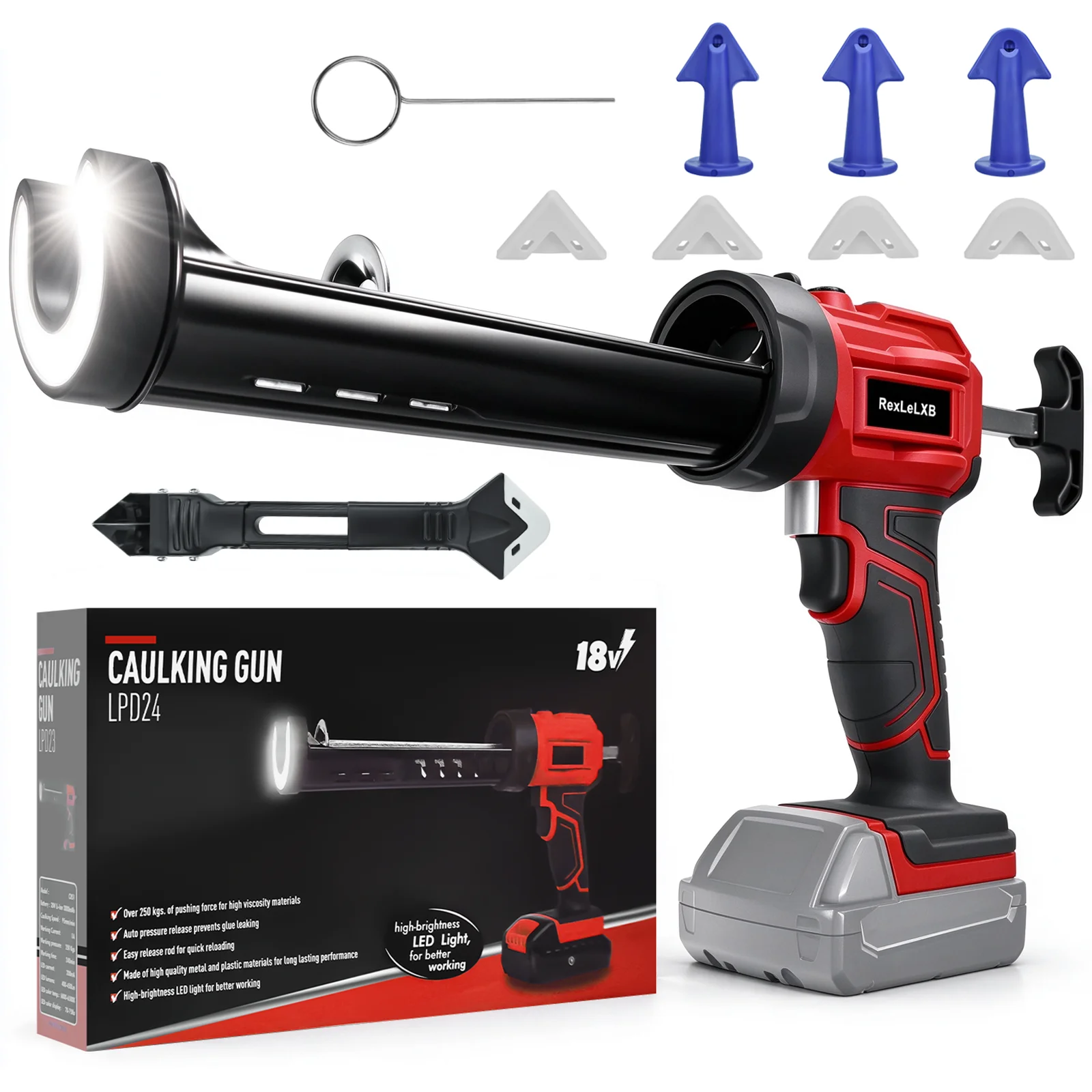 Image of Akku-Dichtstoffpistole, elektrische Silikonpistole, tropffrei, 4 einstellbare Geschwindigkeiten, 10oz/300ml, Dichtstoffpistole mit LED-Licht für Milwaukee 18V Akku