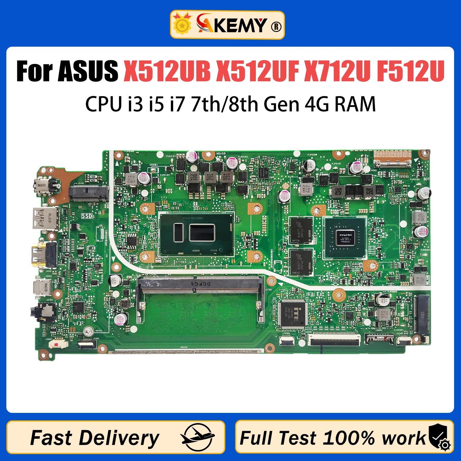 

AKEMY X512UB Mainboard For ASUS X512UF X712U F512U A512U Y5100U V5000UA Laptop Motherboard CPU i3 i5 i7 7th/8th Gen 4G-RAM