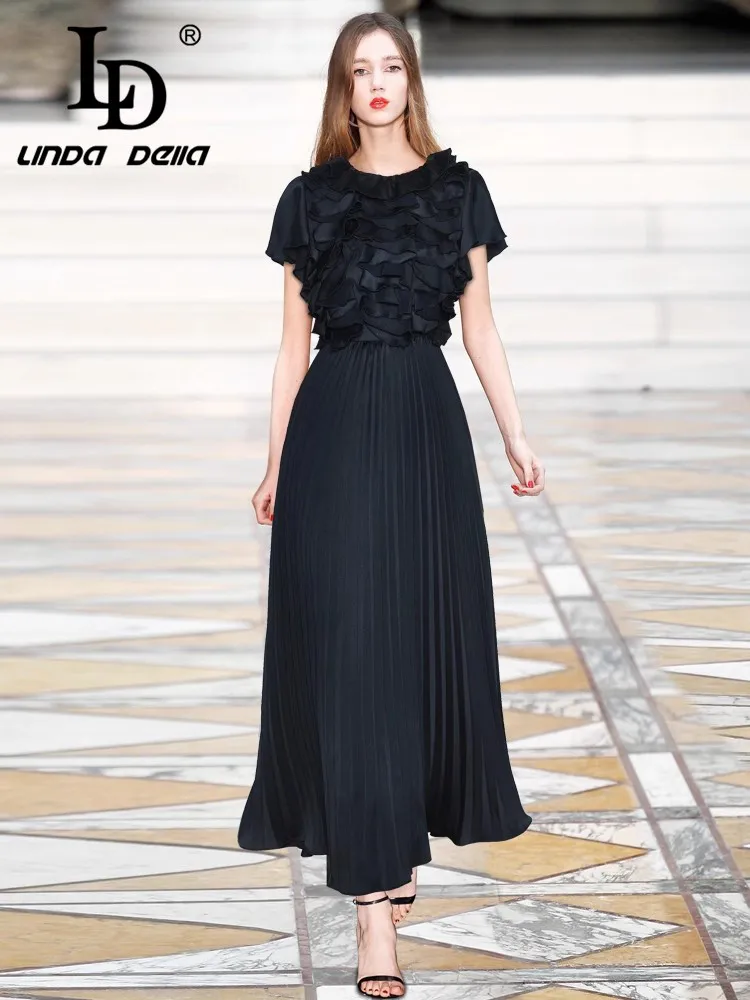 

LD LINDA DELLA Round Neck Short Sleeved Ruffled Waist Pleated Princess Style Mid Length Dress 2025 Summer Edition