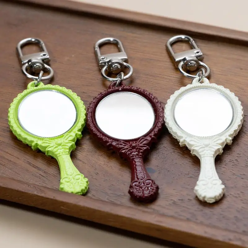 NEW Vintage Mini Handheld Mirror Keychain With Embossed Frame Car Key Ring Bag Charm Backpacks Purses Pendant Party Gift
