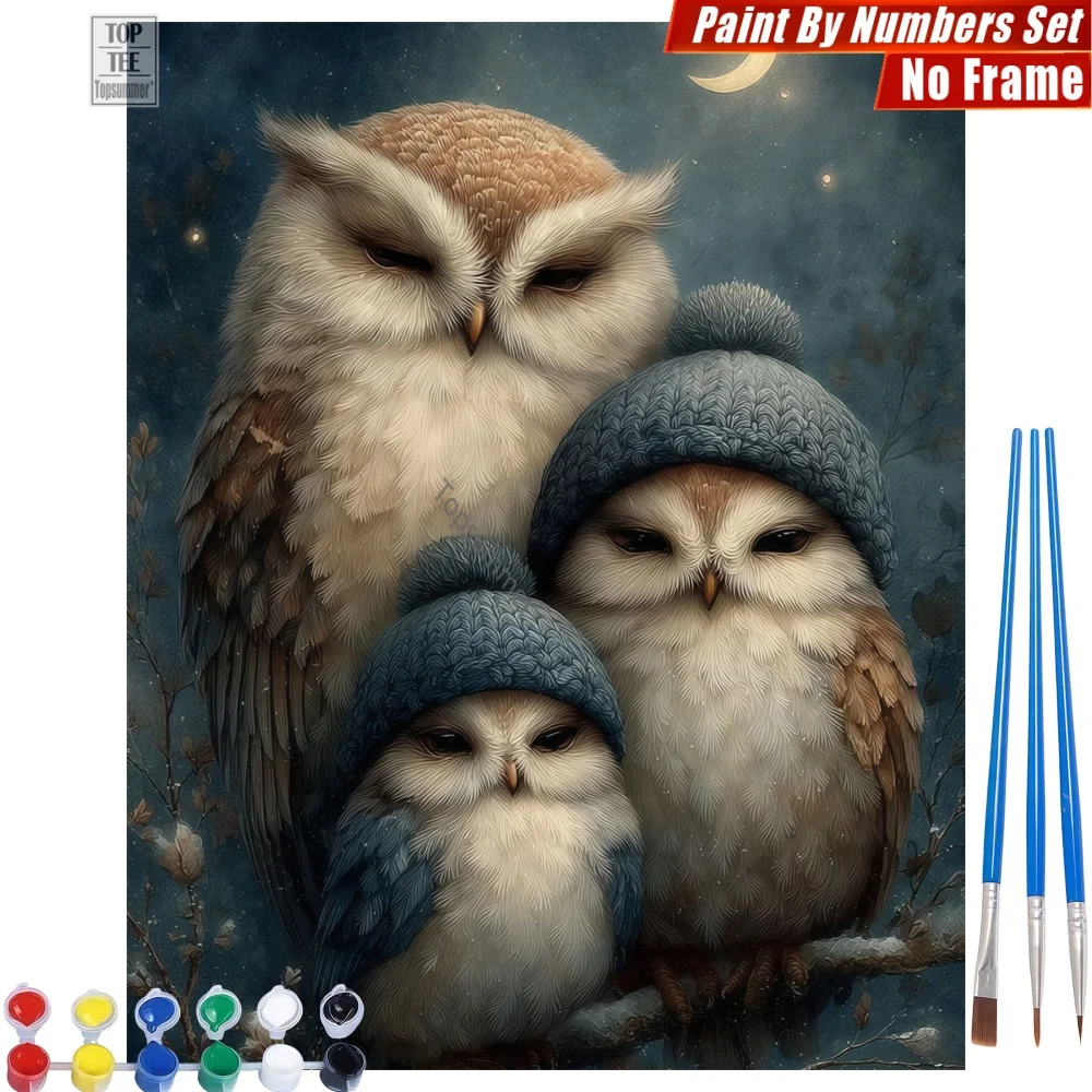 

Three owls hats Digital Oil Paint Set - Moonlit knitted warm Abstract Wall Art New Year's Day Gift For Grandma