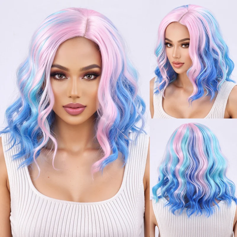 

Wavy long gradient blue-pink , middle parting, women's medium-length colorful synthetic fiber water wave wig
