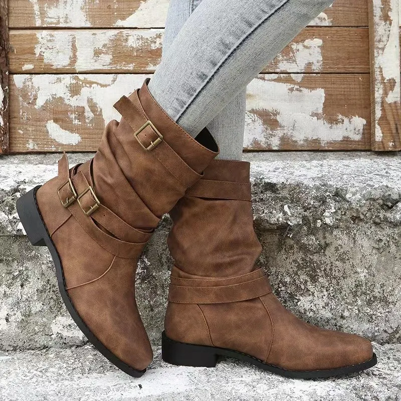 New Mid Calf Boots Women Autumn Winter Fashion Buckle Westward Ladies Chelsea Botas Mujer Round Toe Ladies Boots D105