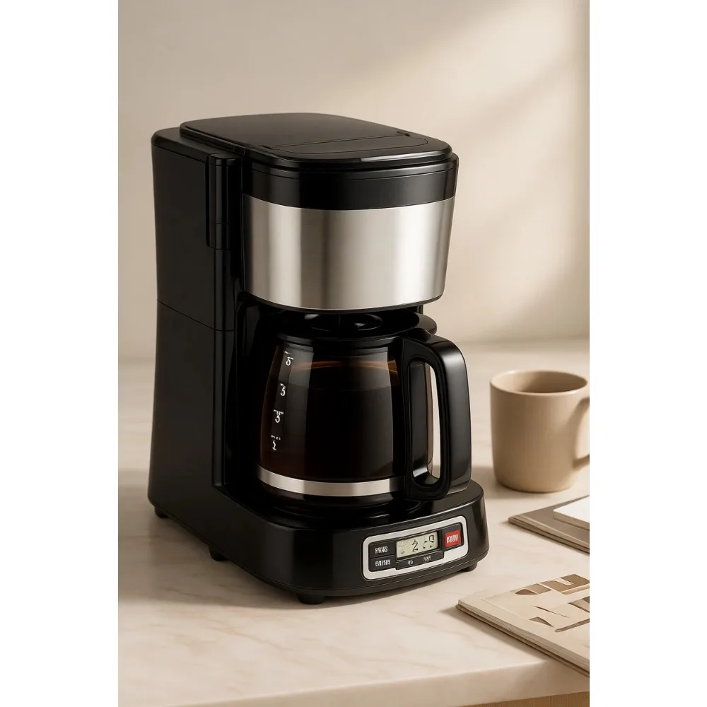 

Кофеварка капельного типа на 5 чашек с передней корзиной для заваривания, программируемым таймером, стеклянным кувшином, функцией автоматической паузы, компактная, черная, из нержавеющей стали