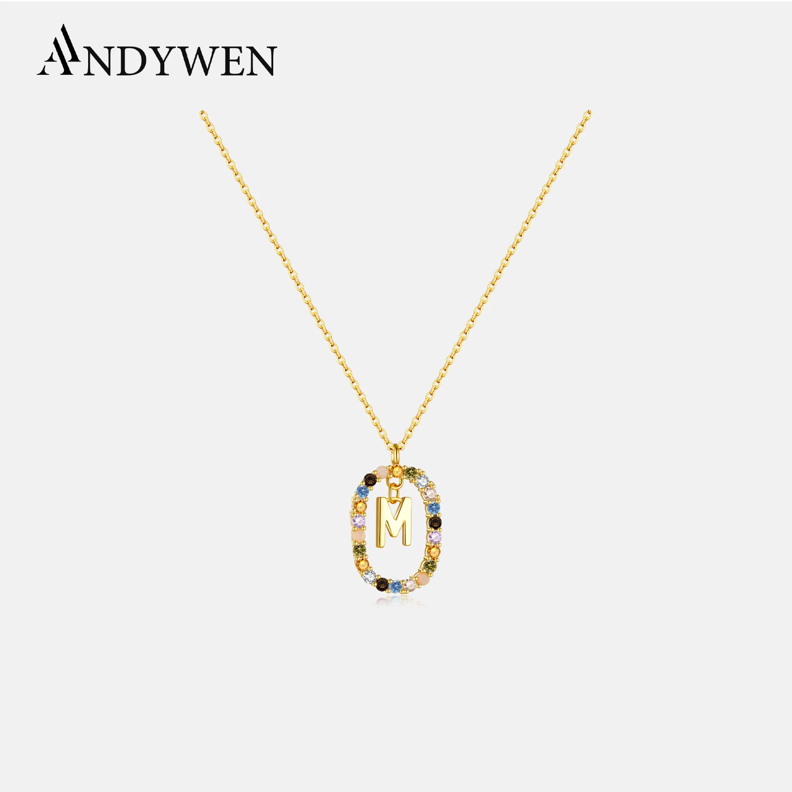 ANDYWEN 925 Sterling Silver Gold Initial C Alphabet Letter E F R Pendant Long Chain Necklace 2021 Women Rainbow CZ Jewelry