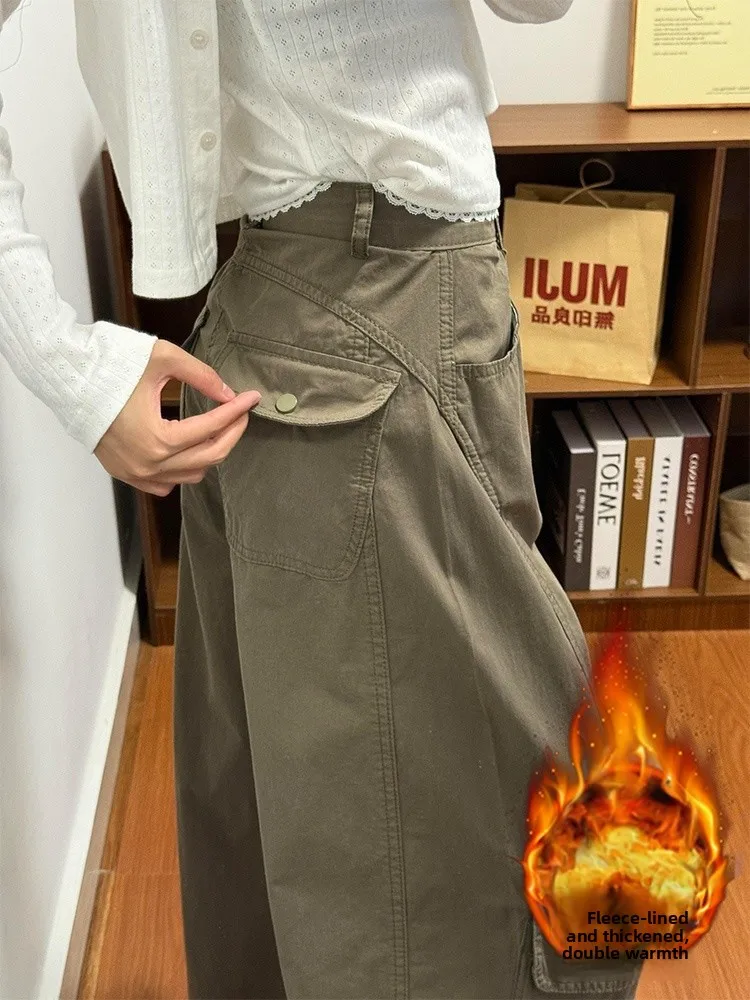 

plus Size Vintage American Sle Fce Lined Workwear Denim Jeans Women's Autumn Winter Loose High Waist Slim Straight Wide ...