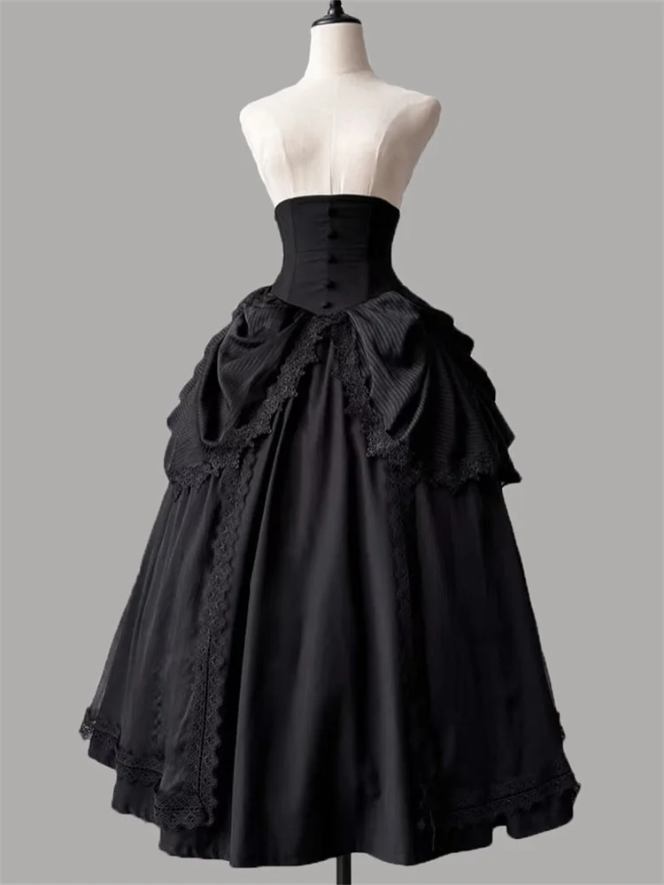 Zwart Wit Lolita Hoge Taille A-lijn Japanse Rokken voor Vrouwen Kawaii Zoete Ruche Kostuum Patchwork Kant Vintage Lange Rok