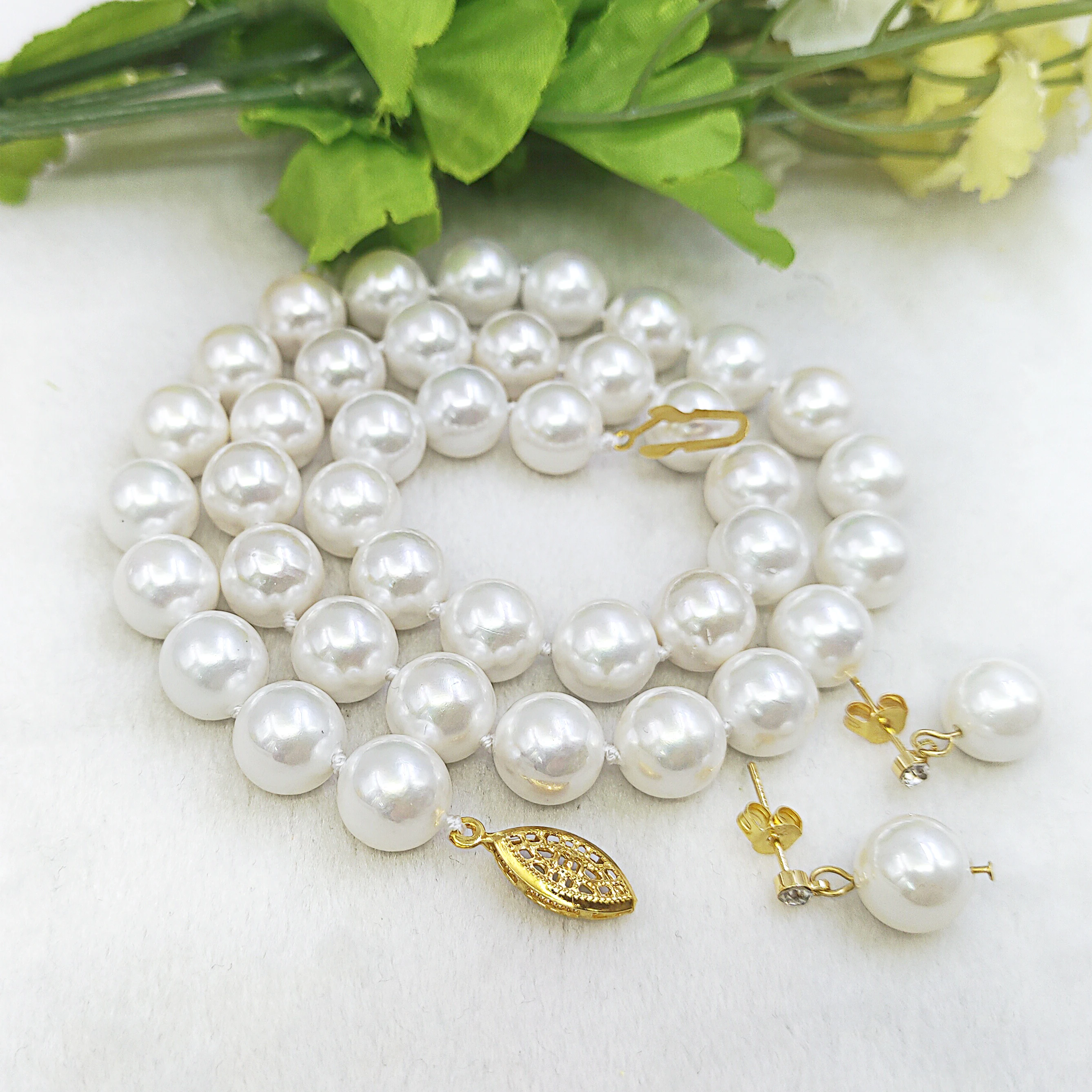 

New DIY Beads Jewelry Making 10 12 14mm 18/22 Inch White Sea South Shell Pearl Necklace Earrings Set 18"AAA+++ Wholesale Price