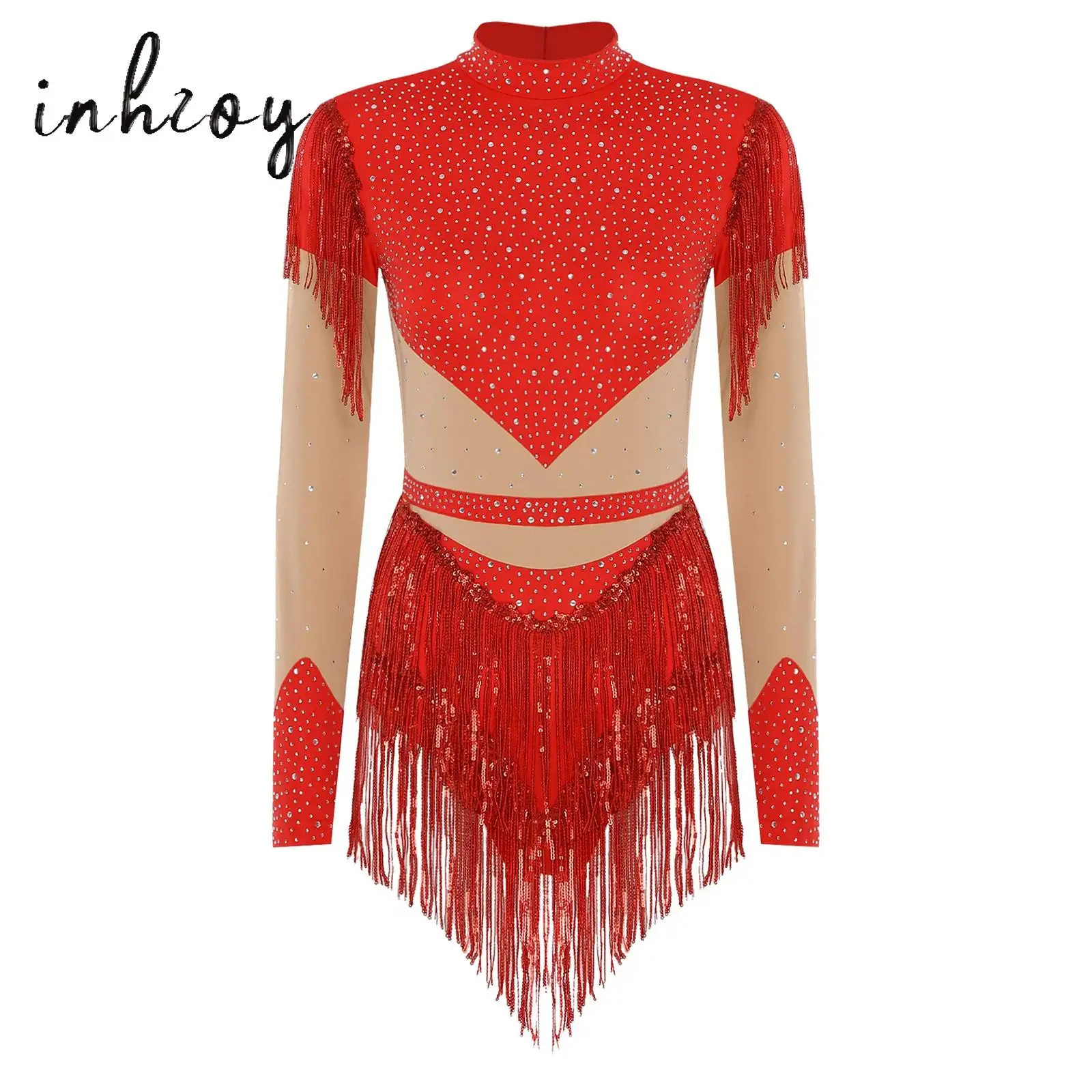 

Women Modern Latin Jazz Tango Salsa Dance Leotard Bodysuit Dress Outfit Shiny Rhinestone Fringe Tassel Skirt Performance Costume