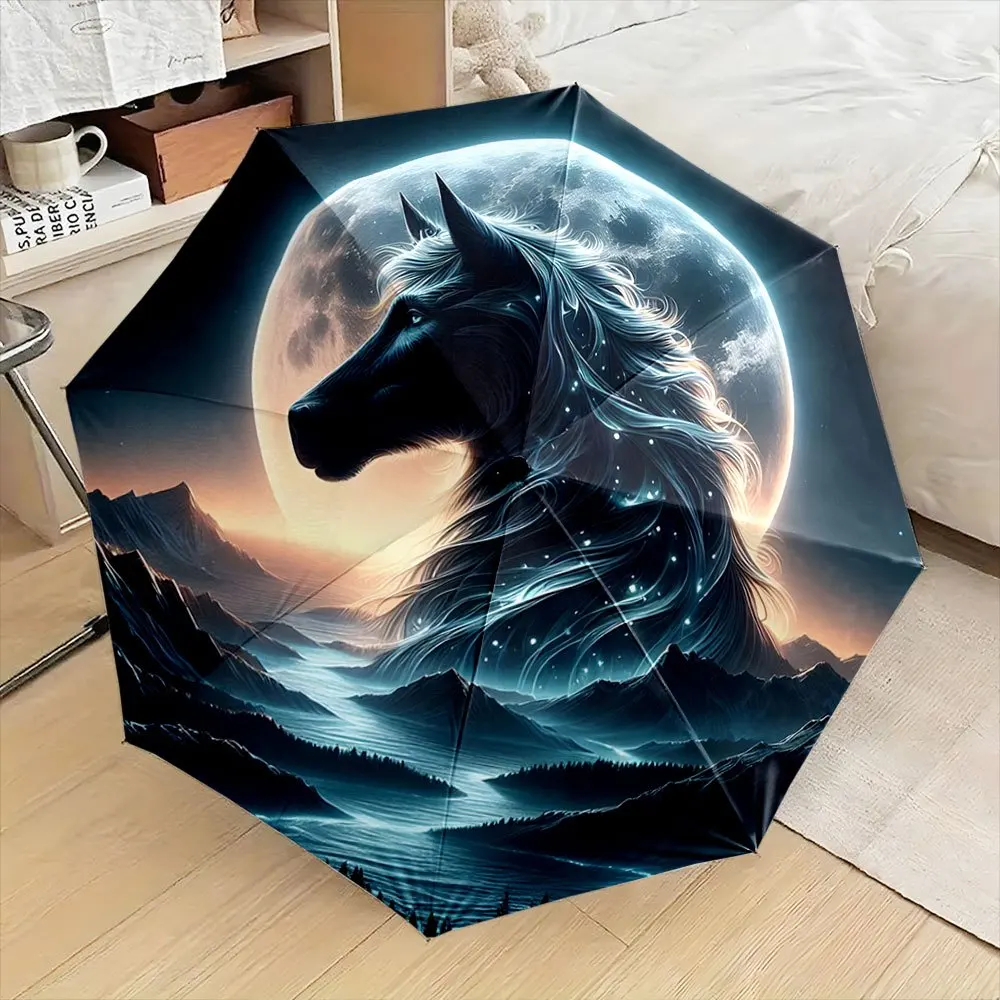 

Складной зонт «Лошадь и гора под лунным светом» - прочная 8-спицевая конструкция, элегантный дизайн «Черное/синее/золотое ночное небо» с Glo