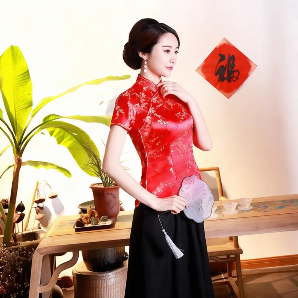 Womens Retro Cheongsam Top Elegant Chinese Style Brocade Blouse Slim Fit Floral Tang Suit Summer Formal Stage Apparel view 3