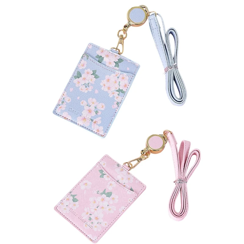 E74B FlowersPU Leather Bus Credit Card Holder for Case Portable Badge Retractable Neck Strap Lanyard