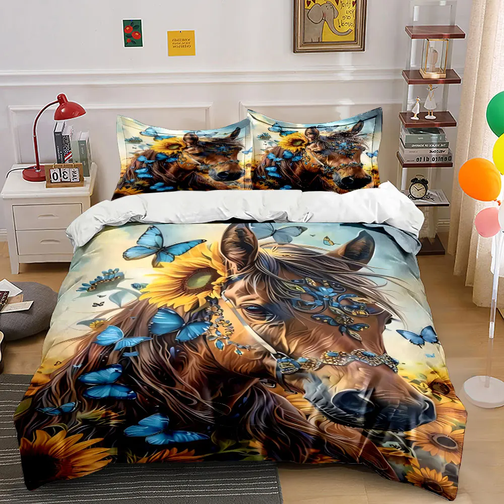 Majestic Horse Adorned with Butterflies and Sunflowers Duvet Cover Set with 3D Printing Design Soft Polyester Bedding for gifts