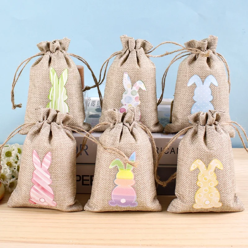 6pcs Easter Burlap Candy Bags Bunny Pattern Jute Linen Treat Gift Bags for Easter Kids Cookies Snack Pack Bags Party Decorations