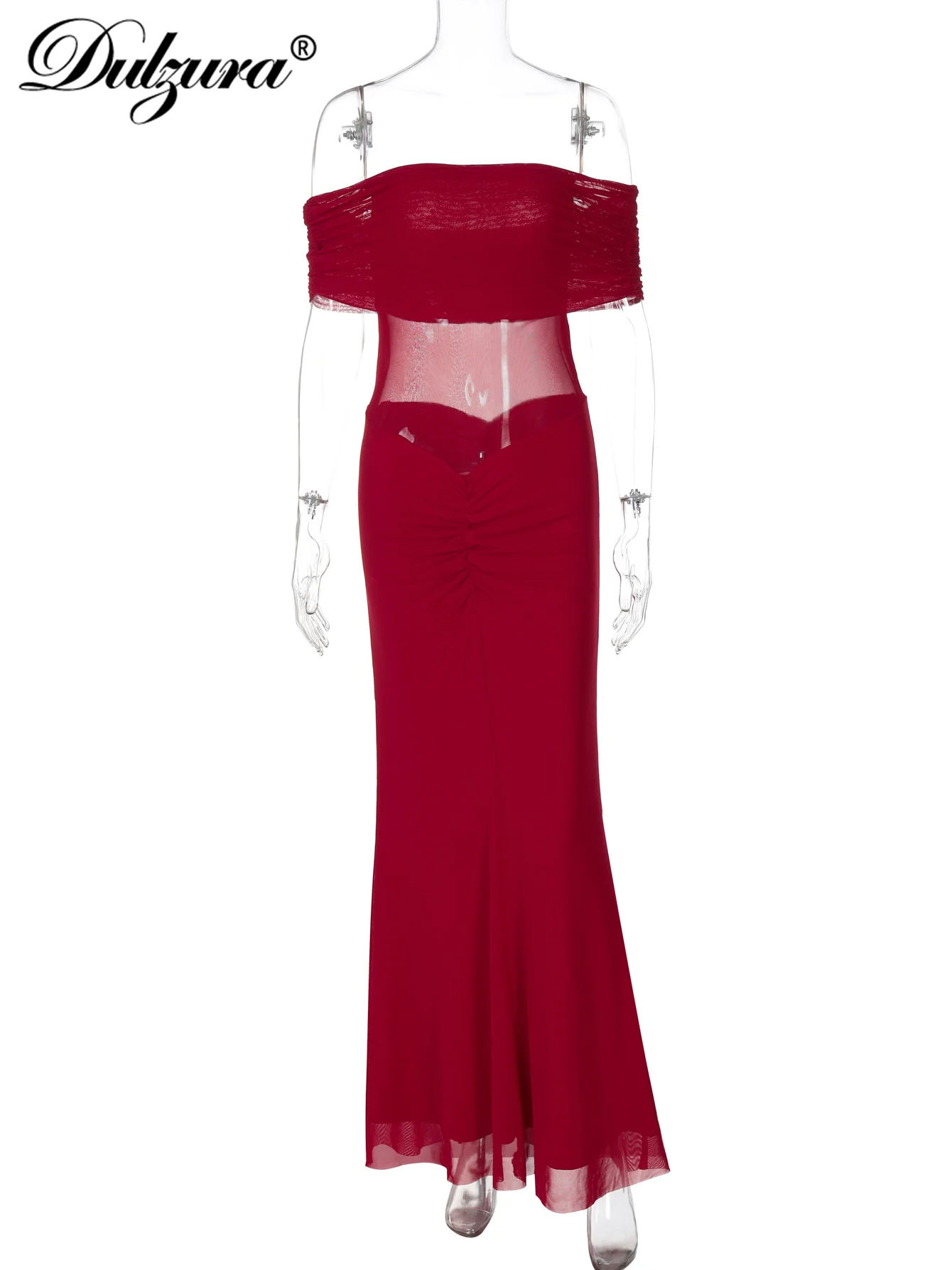 Dulzura ปิดไหล่แขนกุด Backless Slim Ruched SHEER ตาข่าย Patchwork Maxi ชุดเซ็กซี่ Elegant Dress PARTY Club ชุด