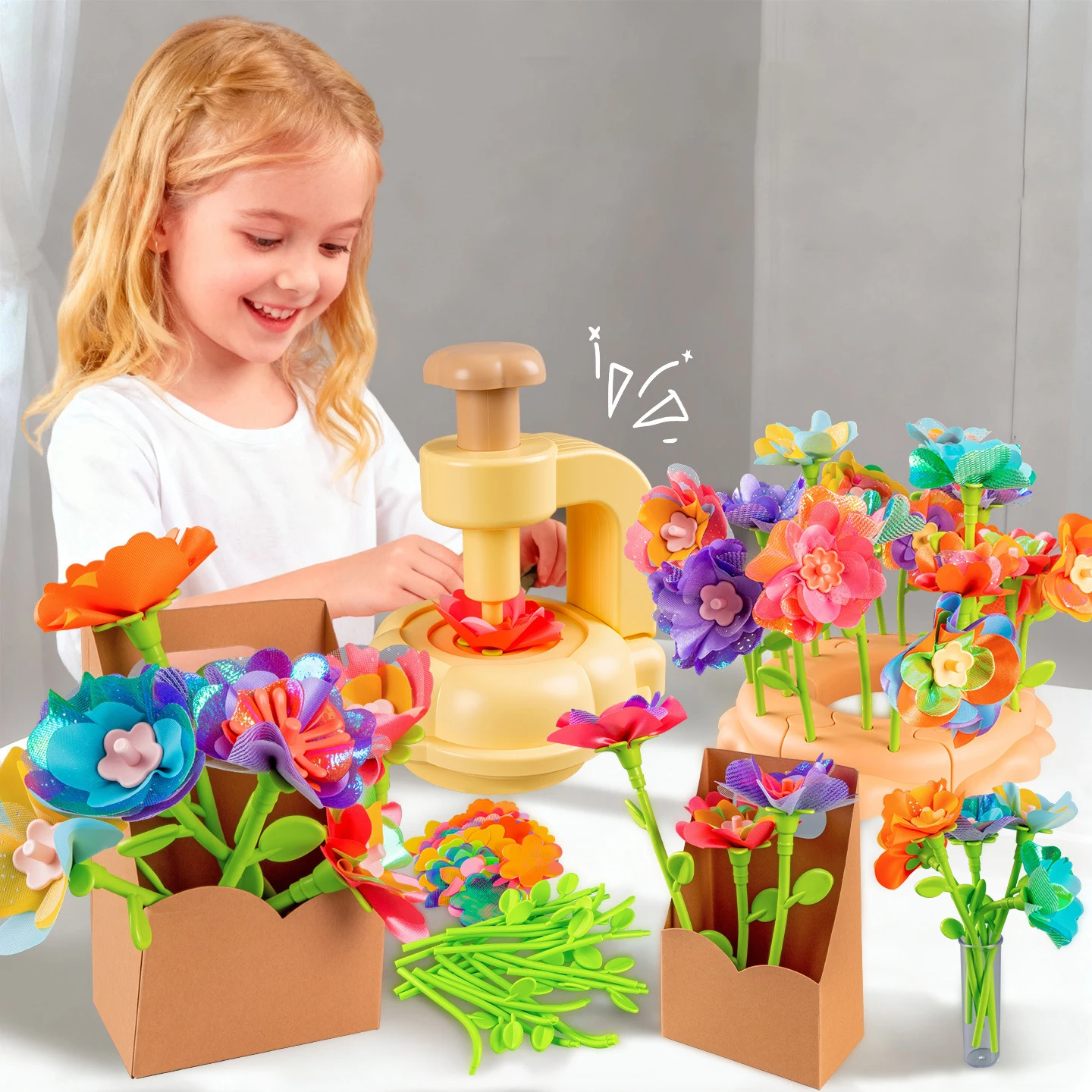 Máquina de estampado creativo DIY para niños, juego de estampado artesanal para niñas, conjunto de simulación, conjunto de materiales para hacer ramo, juguetes educativos