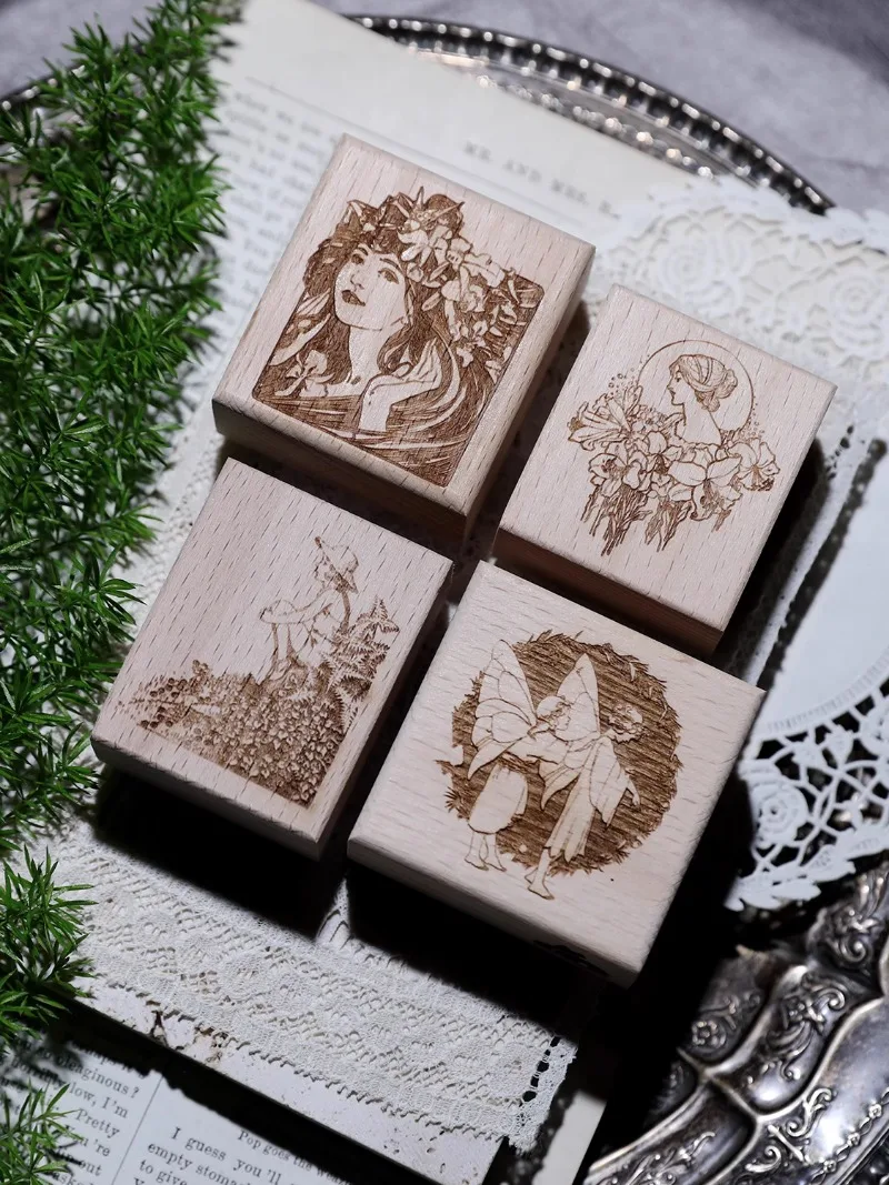 Retro Fairy Flower Girl Mushroom Wooden Rubber Stamp Set DIY Scrapbooking Photo Album Card Making Wood Seal