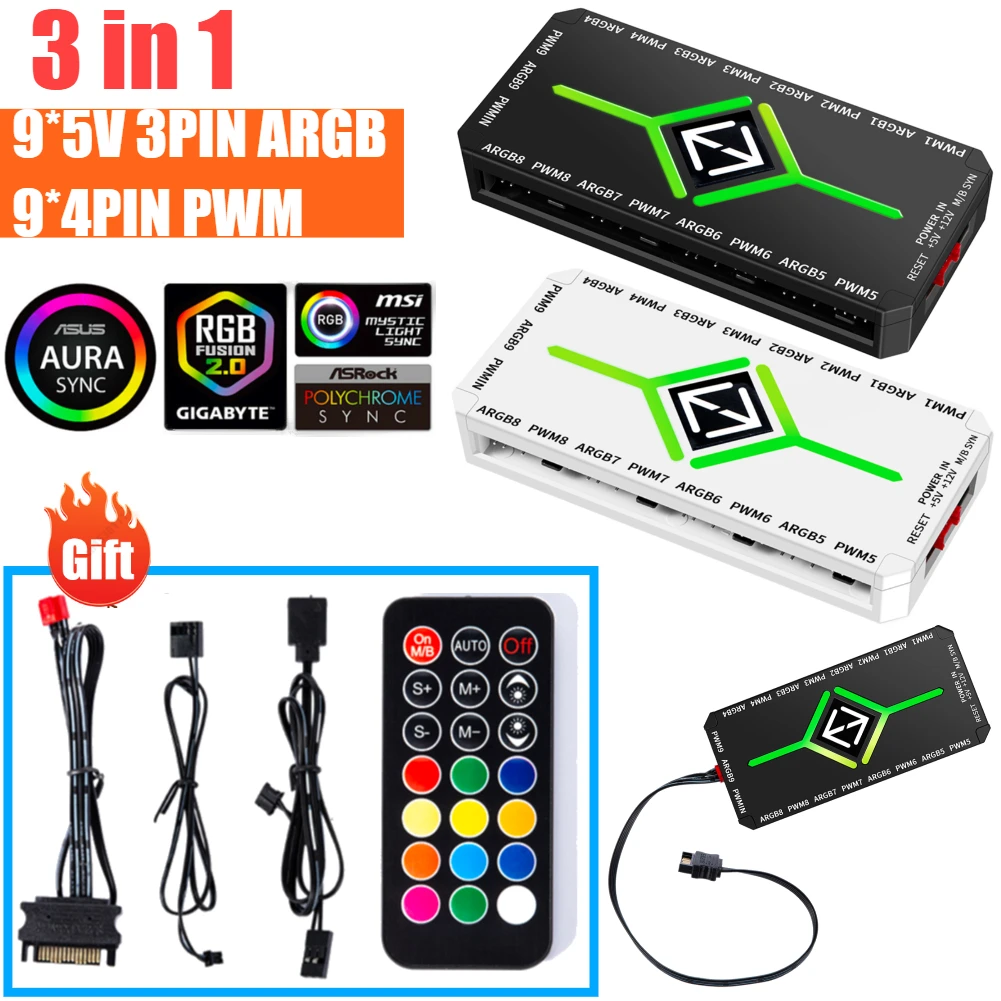 1 To 9 3 in 1 5V 3 Pin ARGB Controller Cooling Fan Hub SATA Power Supply 4 Pin PWM Magnetic Suction Hub for Computer PC Case Fan