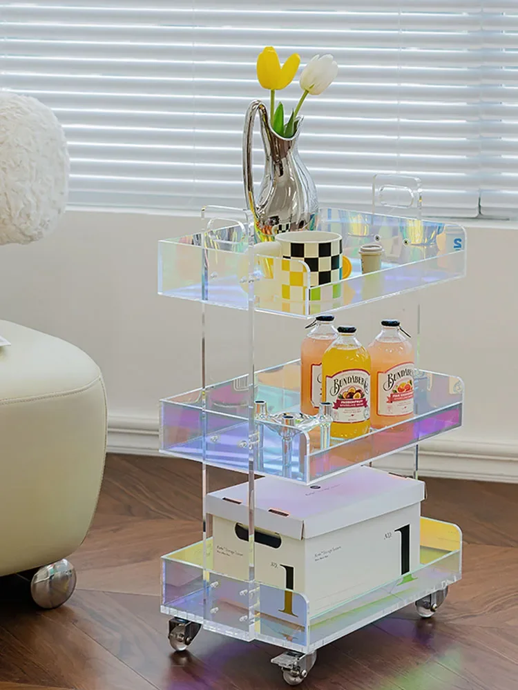 

Luxury Acrylic Livingroom Sofa Side Coffe Table Furniture Designer Transparent Colorful Mobile Tea Table Trolley Storage Cabinet