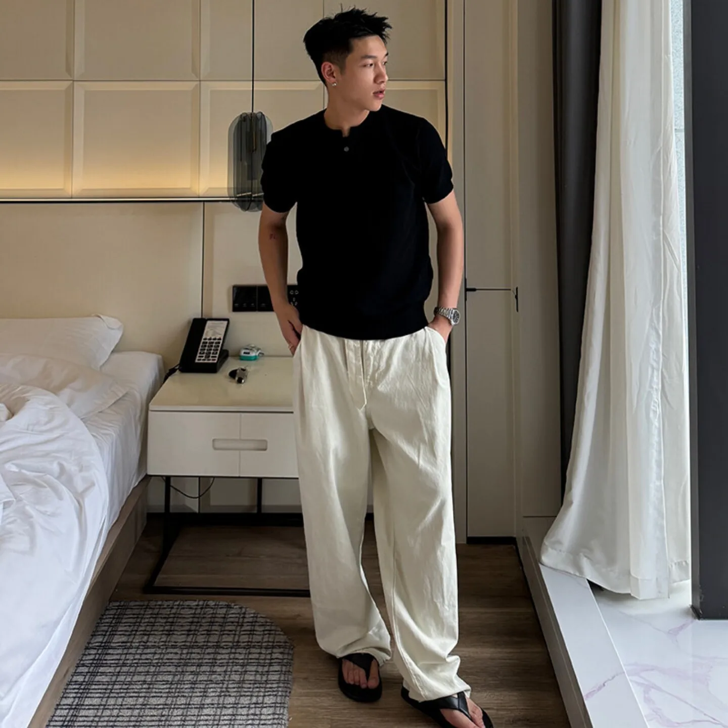 Ice silk summer short-sleeved knitted sweater T-shirt men's three-bar striped slim-fit business