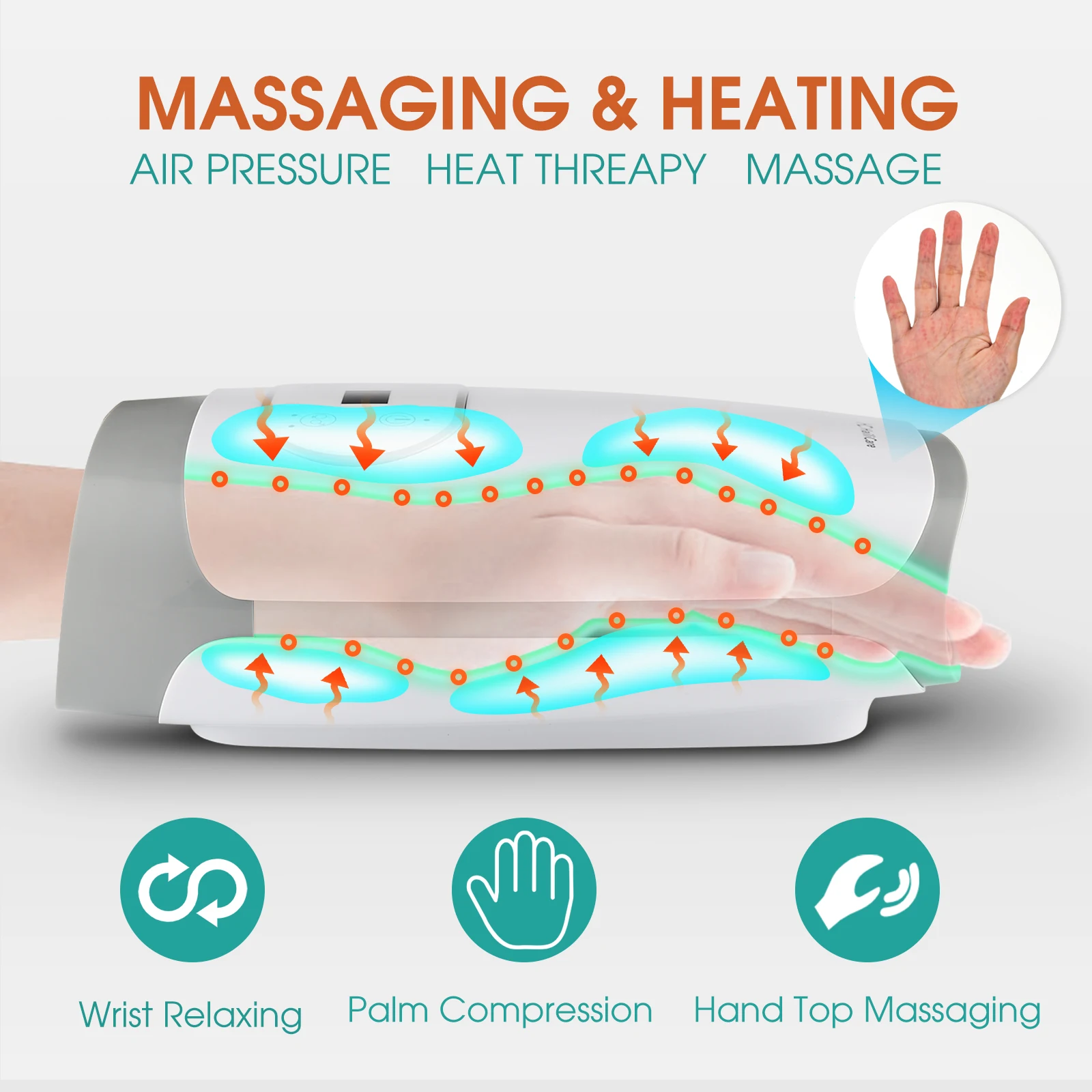 Hand Massager Acupoint Massage Heated Physiotherapy Air Compression Massage Palm Massager Finger Wrist Spa Relax Pain Relief