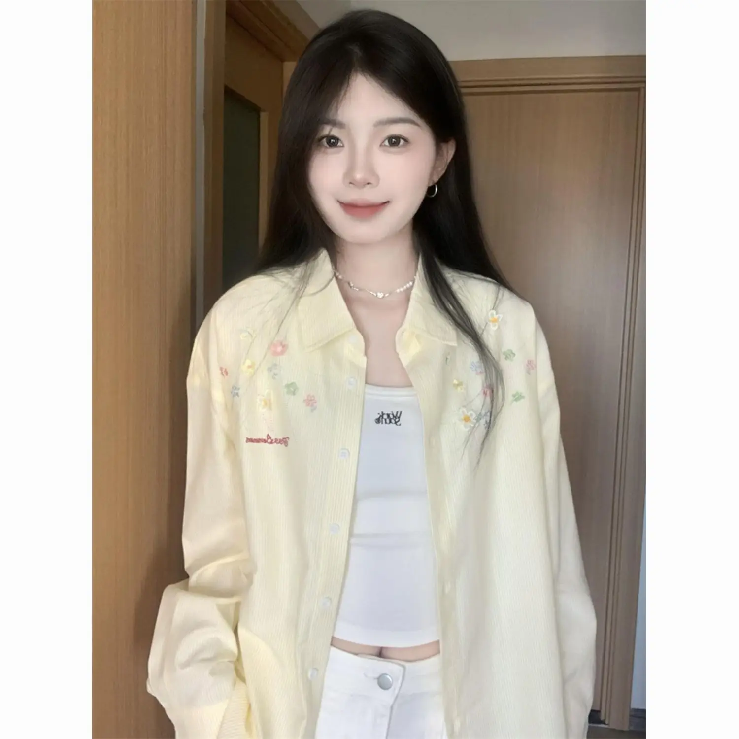 original-design-long-sleeve-embroidered-striped-shirt-loose-casual-summer-new-style-yellow-flower-sun-protection-top