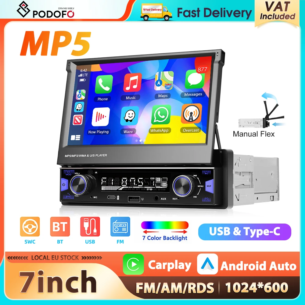 Podofo 7'' Einziehbarer Bildschirm 1Din Autoradio Kabelloses Carplay Android Auto FM/AM/RDS Bluetooth Mirror Link EQ Typ-C MP5-Player