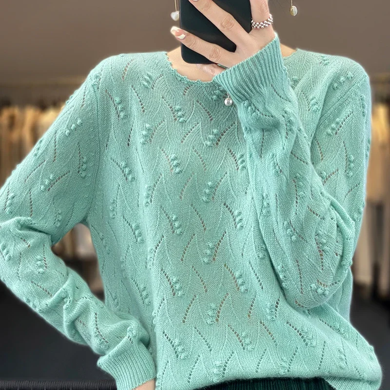 

100% Beautiful Women Wool O-Neck Pullover Nuo Spring/Autumn New Cashmere Sweater Fashion Woven Hollow Jacket Korean LJ157