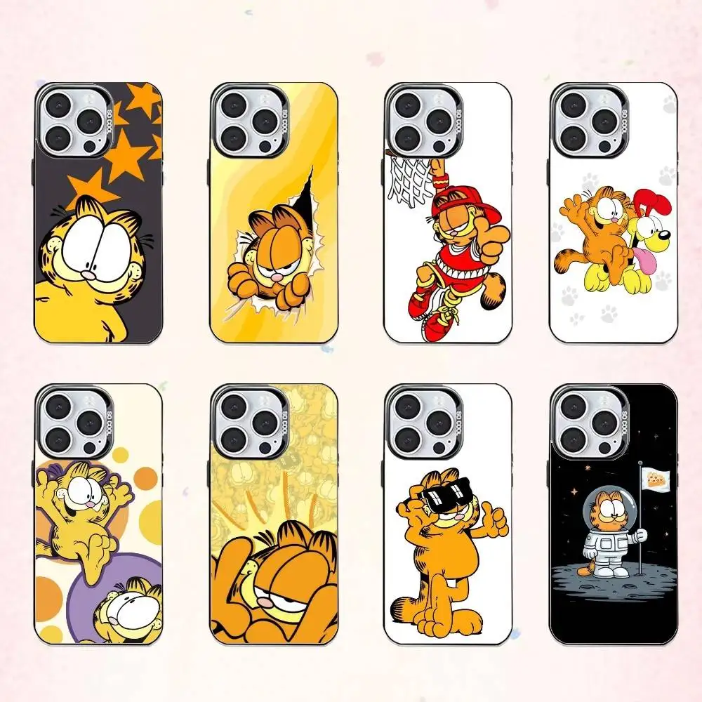 

Cute Lazy G-Garfield Cat Phone Case For iPhone17,16,15,14,13,12,11 Plus,Pro Max Colored Silver Plated Inside Cover