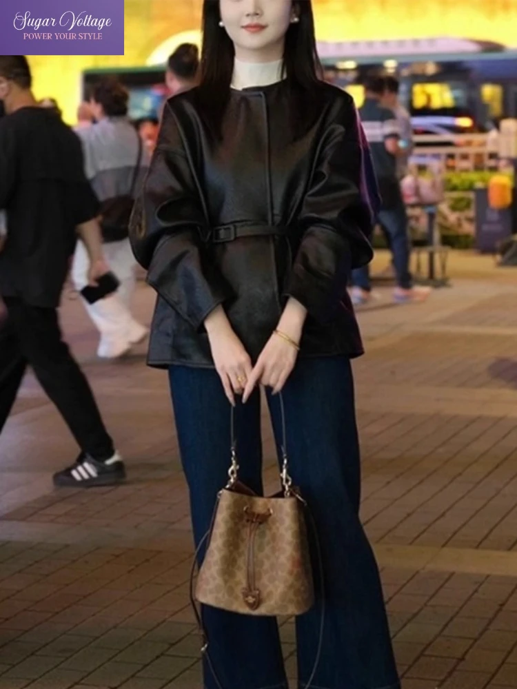 

Autumn New French Vintage Elegant Jacket Women Slim Fit Belted Lace-Up Faux Leather Long-Sleeve Black Coat Casual Y2k Chic Tops