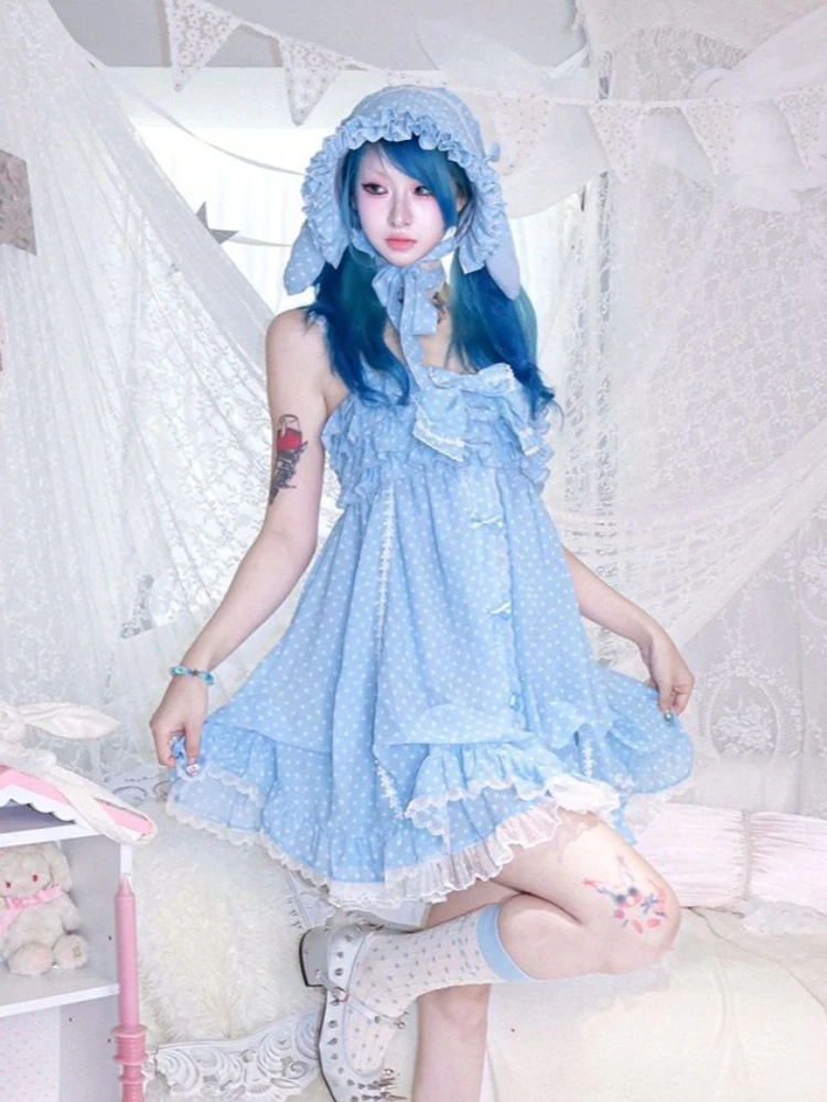 Japanese Vintage Gothic Kawaii Polka Dot Dress Set Women Y2k Gothic Black Bow Cute Dresses Fashion Sleeveless Strap Mini Dresses image 4