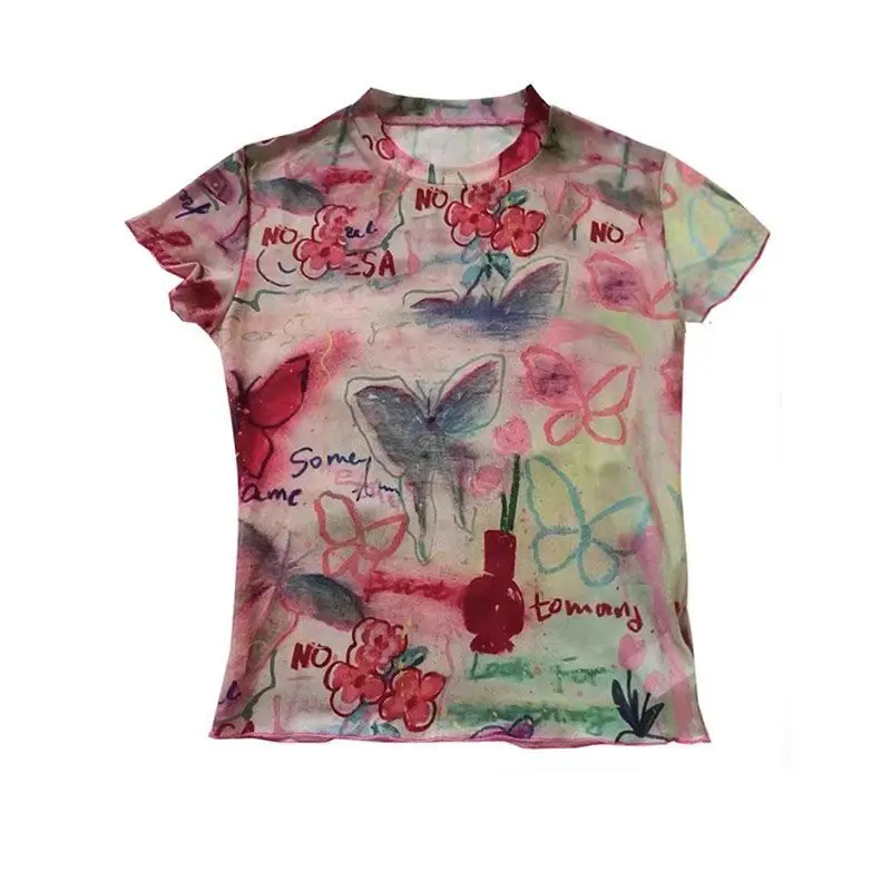 

Summer Butterfly Print Mesh Stretch Short Sleeve T-Shirt Women Y2K Grunge Streetwear Slim Cropped Tees Cute Casual Tops Fashion
