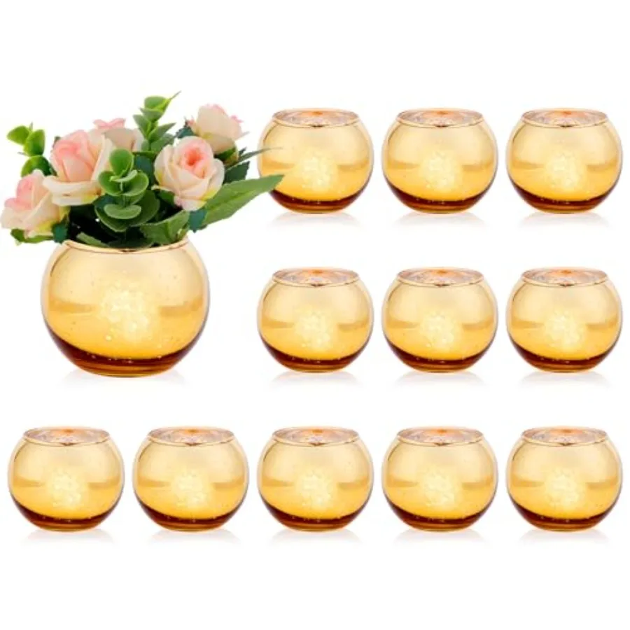 12 Pcs Round Flower Vase Centerpieces for Table, Small Gold Vases Tea Light Candle Holders Glass Vase Wedding Home Decor Votive