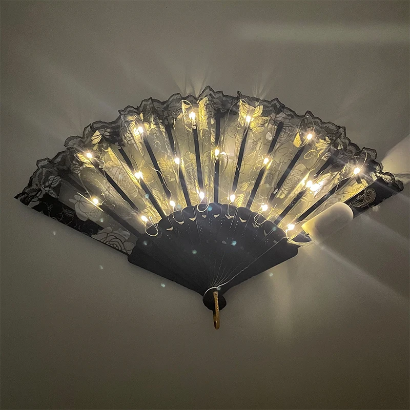 Leuchtende Spitze Rose Fan beleuchtet im Dunkeln Nacht Party Luminou LED Fan für Mädchen Damen Frauen tanzen Musik Leistung – Detail 3