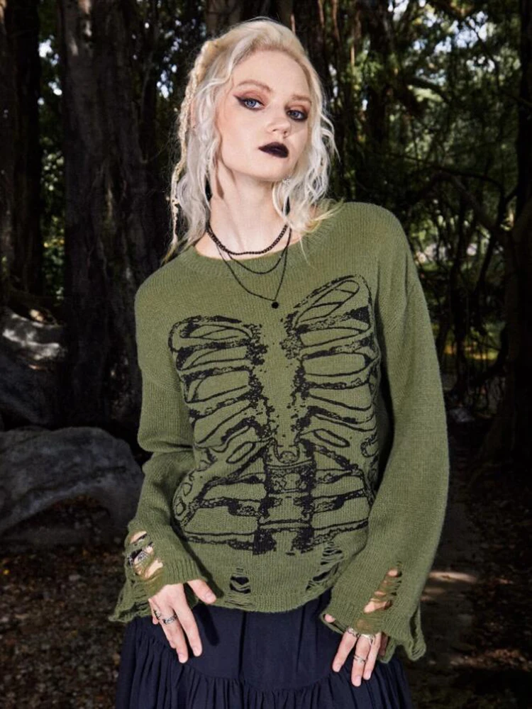 Women Goth Skeleton Pattern Distressed Sweater