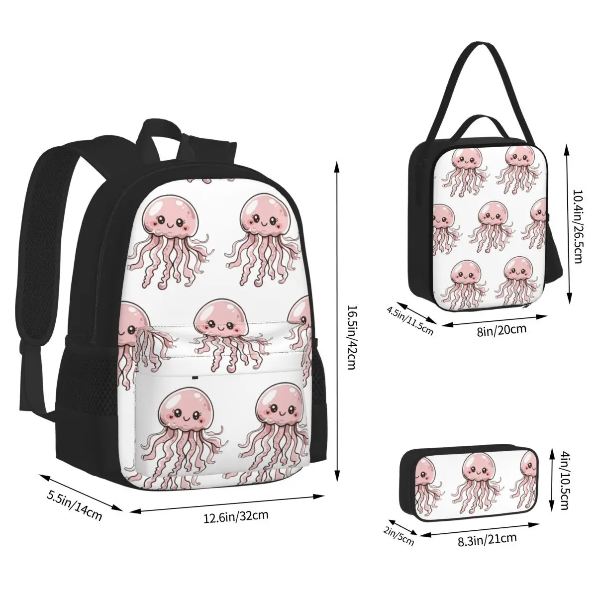 Cute Jellyfish Kawaii Design Backpacks Boys Girls Bookbag School Bags Rucksack Lunch Bag Pen Bag Three-Piece Set
