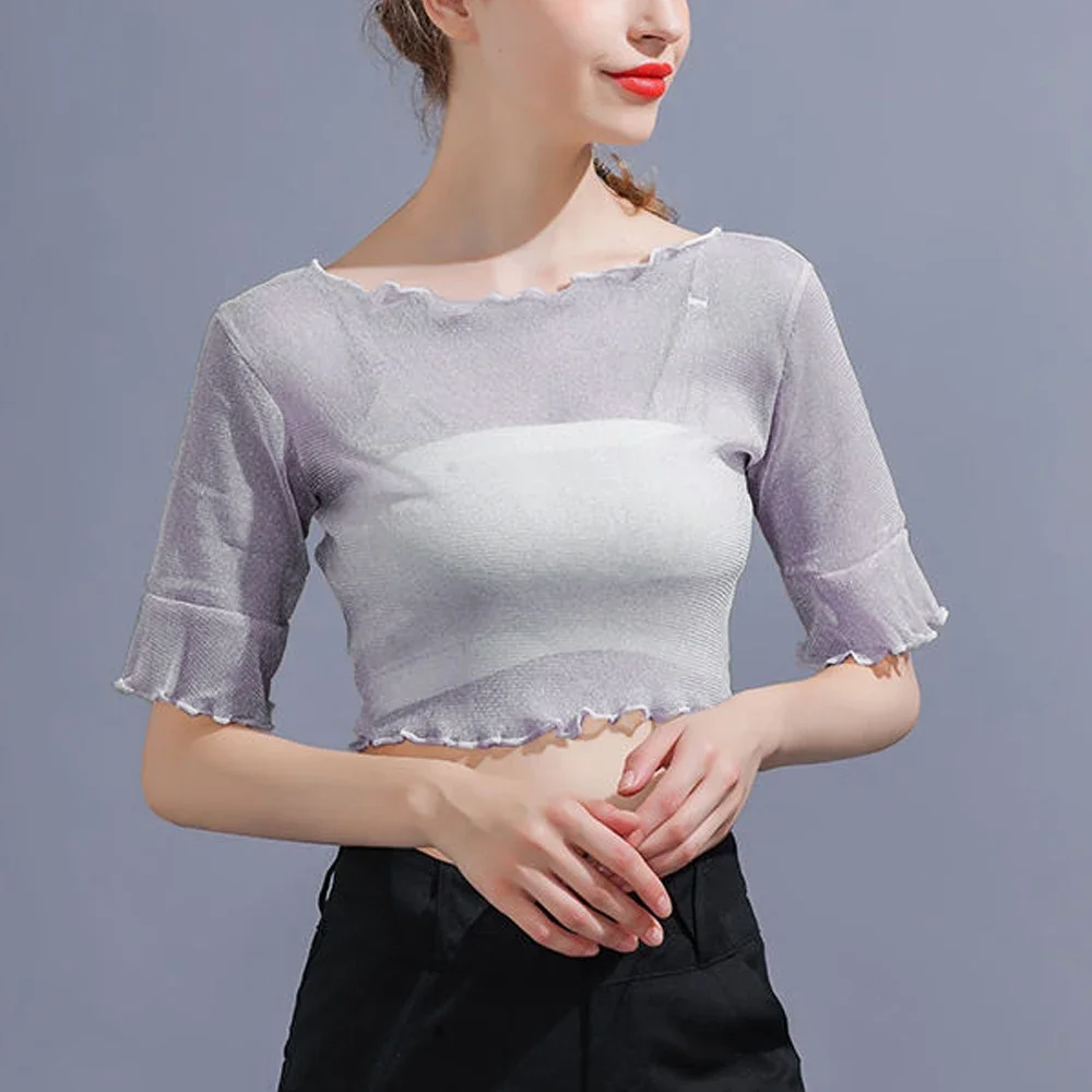 Y2K See Through Transparent Short Mini T Shirt Women S-3XL Silver Shiny Flare Sleeve T-shirt Girl Elastic Female Blouses Top
