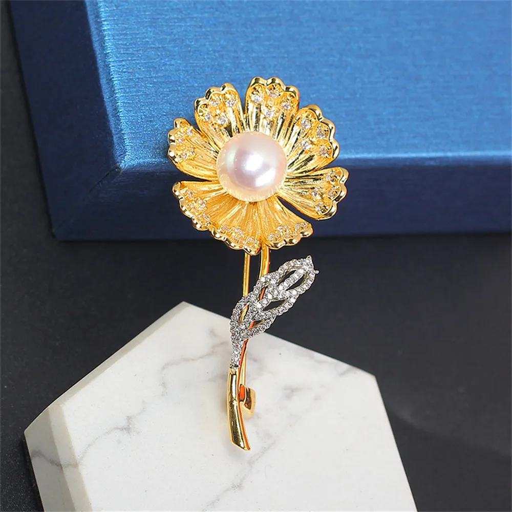 

DIY Accessories Delicate Sunflower Pearl Brooch High-grade Thick Gold-plated Micro-set Zircon Pin Corsage Empty Support Women