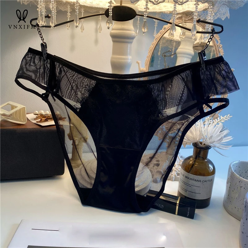 2024 French Style Low Waist Hollow Out Soft Yarn Briefs Women\'s Satin Patchwork Bow Eyelash Lace Underwear Cotton Inner Crotch