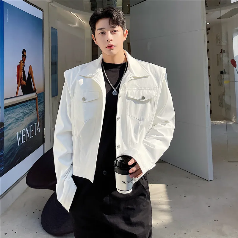 

Модная куртка с дизайнерскими накладками на плечах, мужская, в корейском стиле, повседневная, белая, осенняя, молодежная, из полиэстера, с длинными рукавами