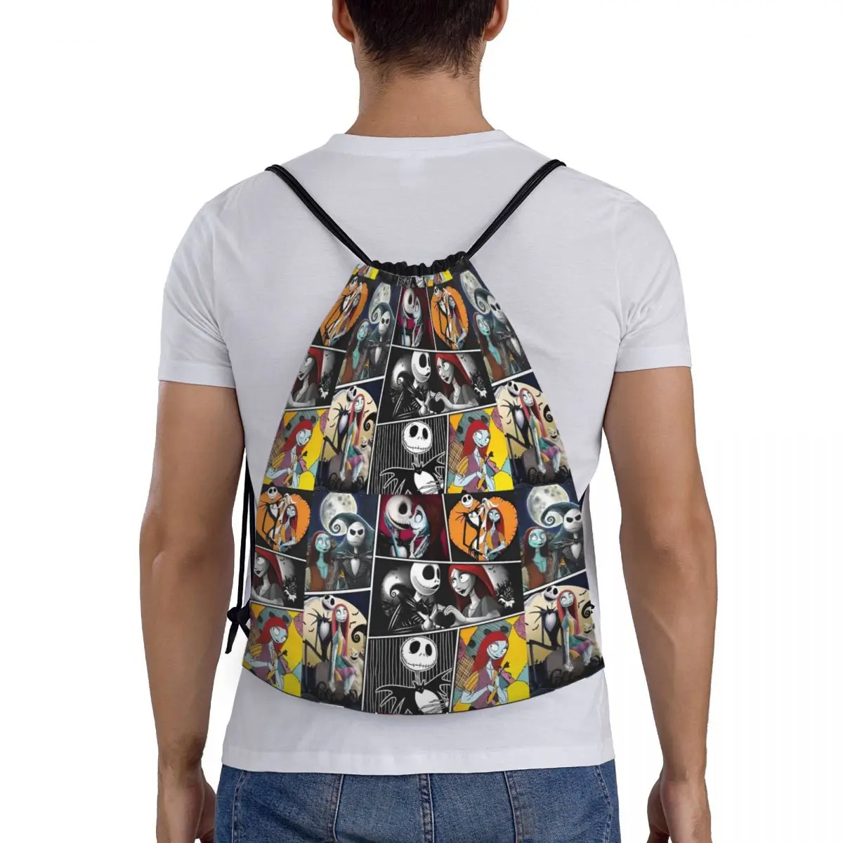 Custom Halloween Jack Skellington Collage Trekkoord Rugzak Vrouwen Mannen Gym Sport Sackpack Opvouwbare Boodschappentas Zak