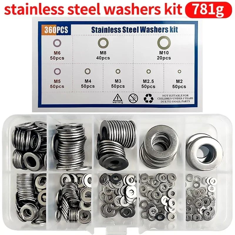 360 Pcs M2 M2.5 M3 M4 M5 M6 M8 M10 Kit Box 304 Stainless Steel Washer Set Adjusting Shim Plain Gasket Assortment